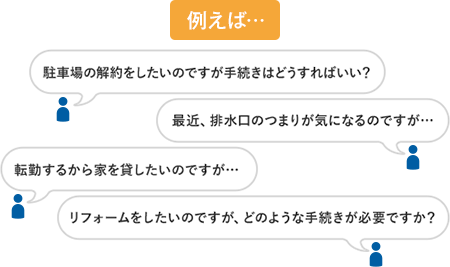 例えば…　駐車場の解約をしたいのですが手続きはどうすればいい？　最近、排水口のつまりが気になるのですが…　転勤するから家を貸したいのですが…　リフォームをしたいのですが、どのような手続きが必要ですか？